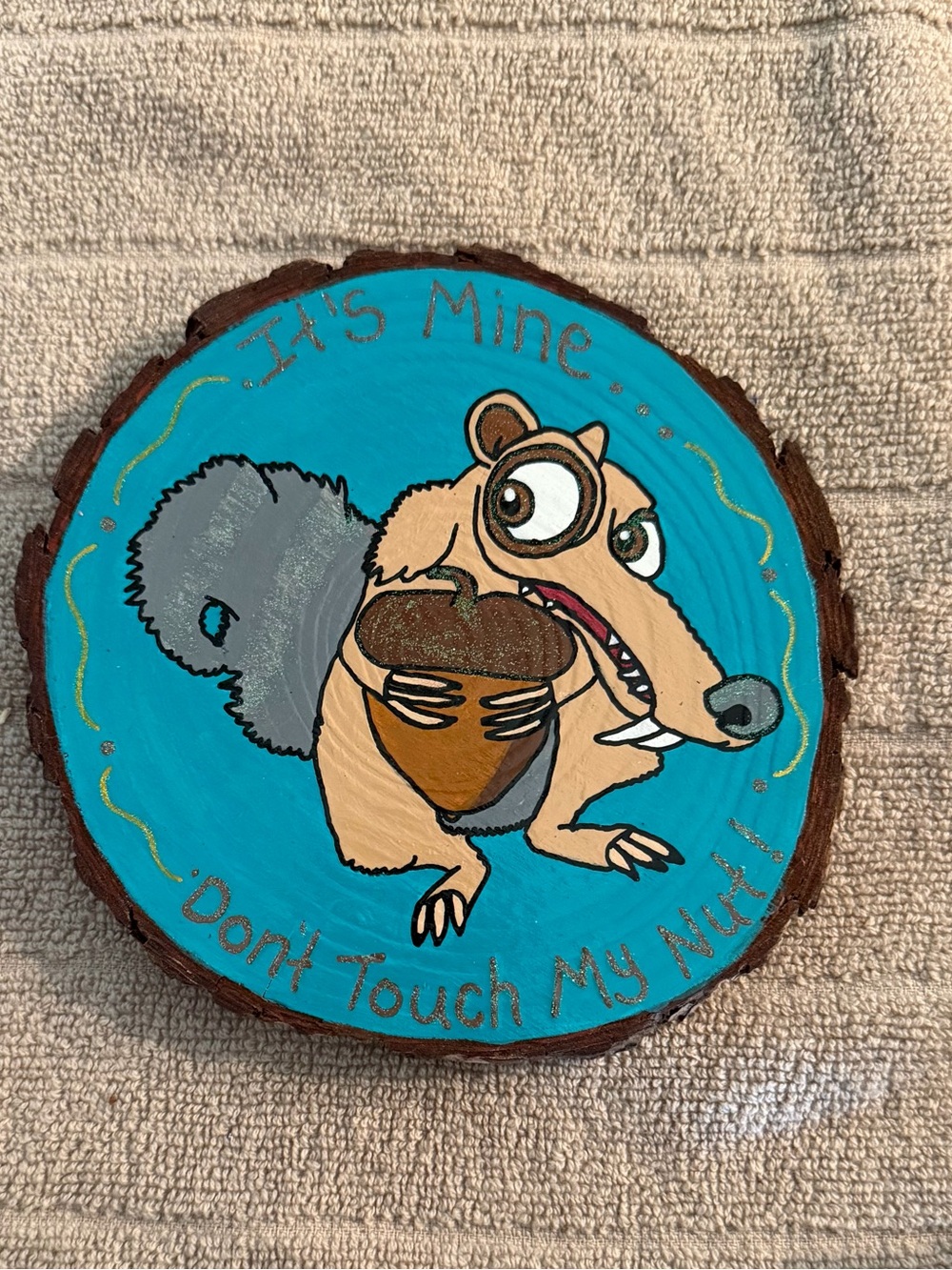 Hand-Painted Squirrel Wood Slice Wall Art - Turquoise
